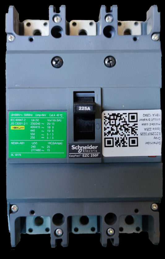 Schneider 225A 3 Pole Industrial Circuit Breaker in gray for electrical circuitry and parts