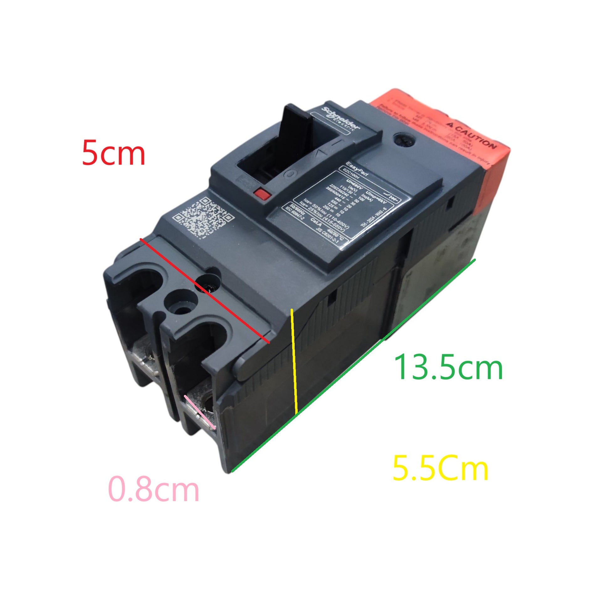 Schneider circuit breaker 30A 2 Pole Breaker Industrial Easy Pact black unit with toggle handle and measurement labels