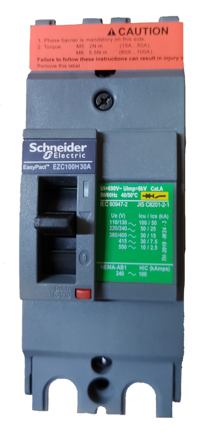 Schneider Electric EasyPact molded case circuit breaker 30A 2 Pole Breaker Industrial Easy Pact gray unit with green rating label