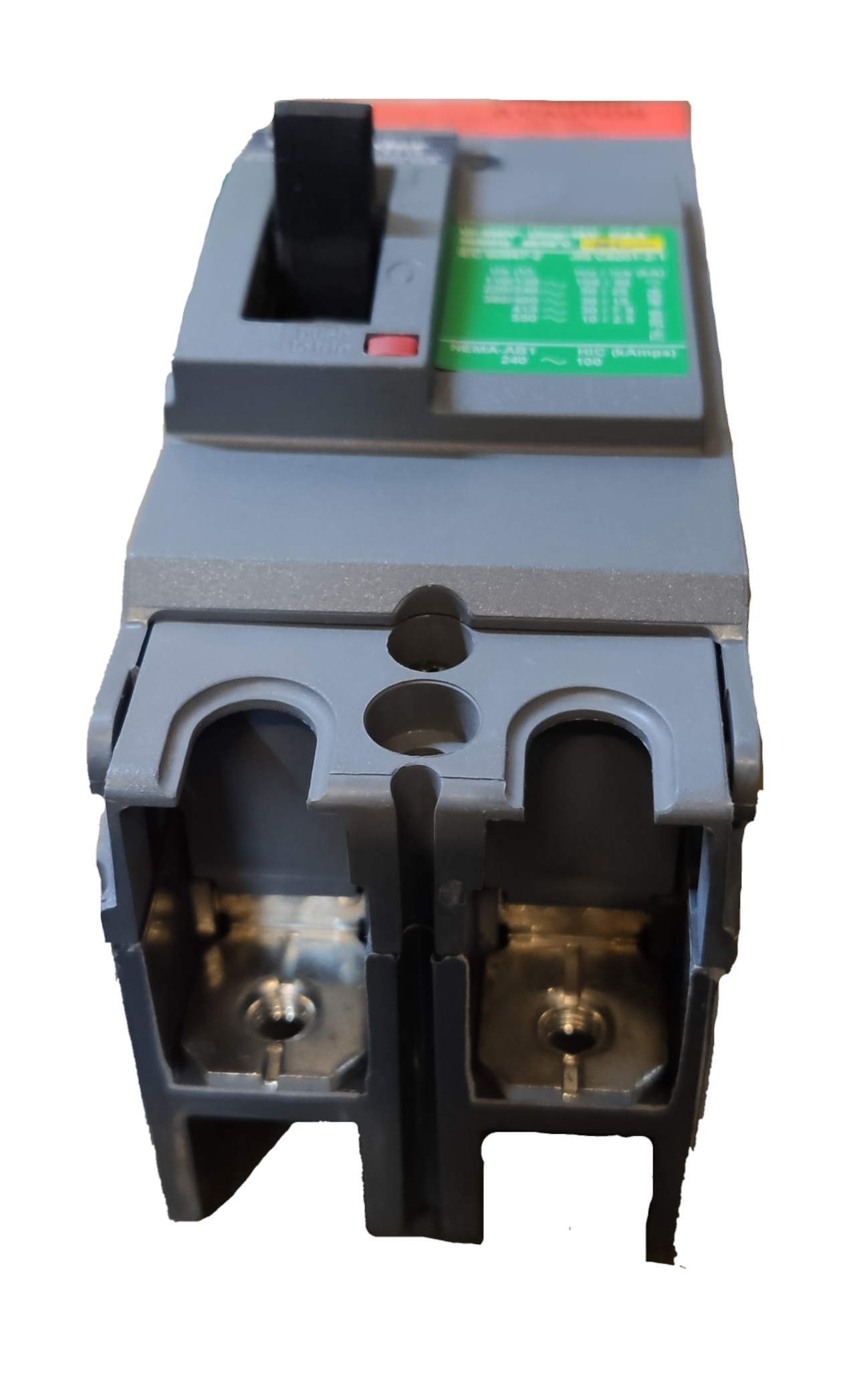 Schneider circuit breaker front view showing terminals and switch 30A 2 Pole Breaker Industrial Easy Pact