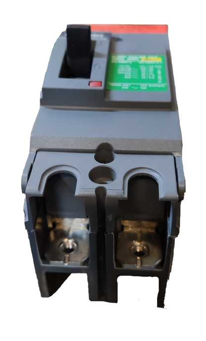 Schneider circuit breaker front view showing terminals and switch 30A 2 Pole Breaker Industrial Easy Pact
