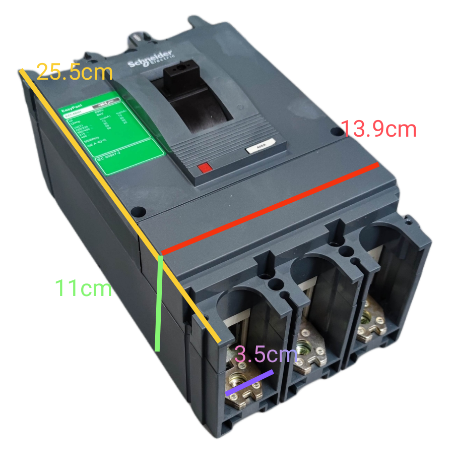 Schneider 400A 3 Pole Industrial Circuit Breaker showing measurements and front view of electrical connections