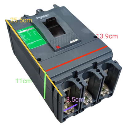 Schneider 400A 3 Pole Industrial Circuit Breaker showing measurements and front view of electrical connections