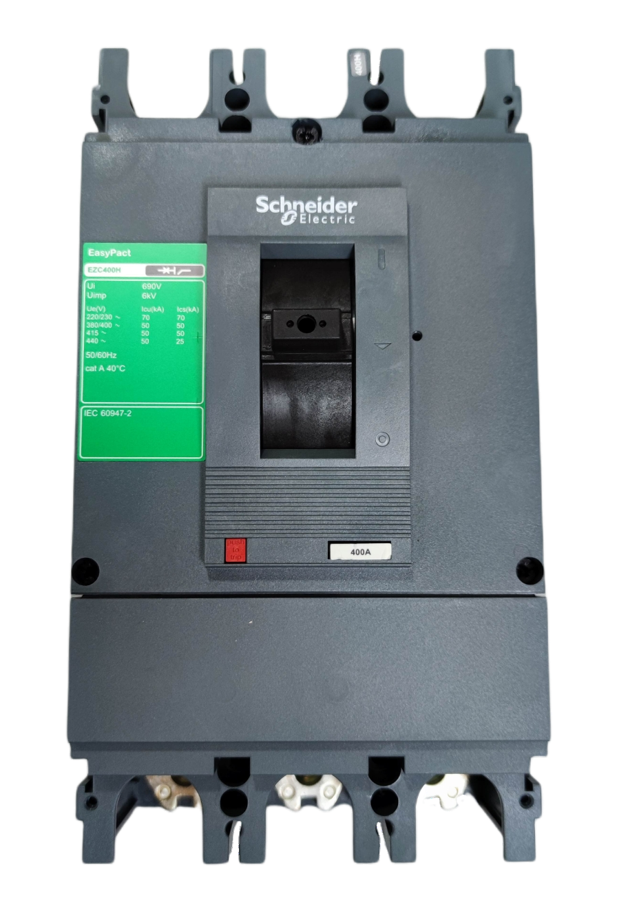 Schneider 400A 3 Pole Industrial Circuit Breaker with black body and green label for electrical protection