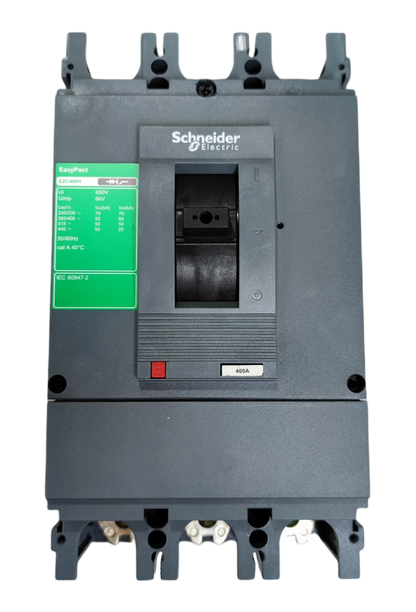 Schneider 400A 3 Pole Industrial Circuit Breaker with black body and green label for electrical protection