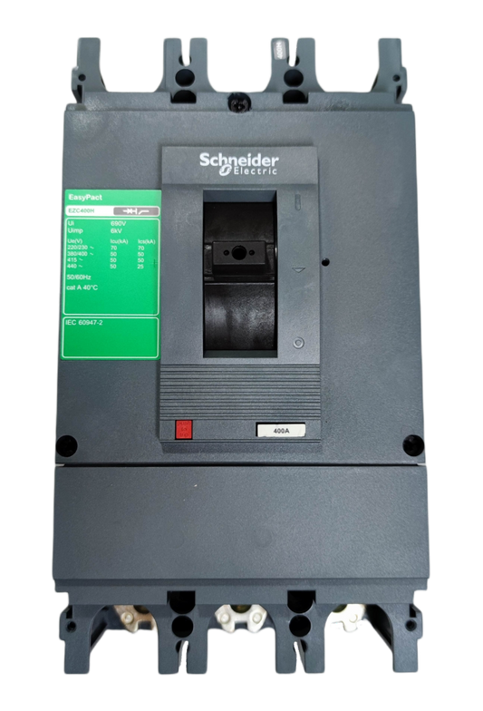 Schneider 400A 3 Pole Industrial Circuit Breaker with black body and green label for electrical protection