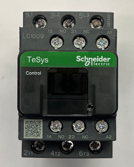 Schneider Electrical Contactor GRAY 9A 220V Coil LC1D09M7 with multiple screw terminals and green label
