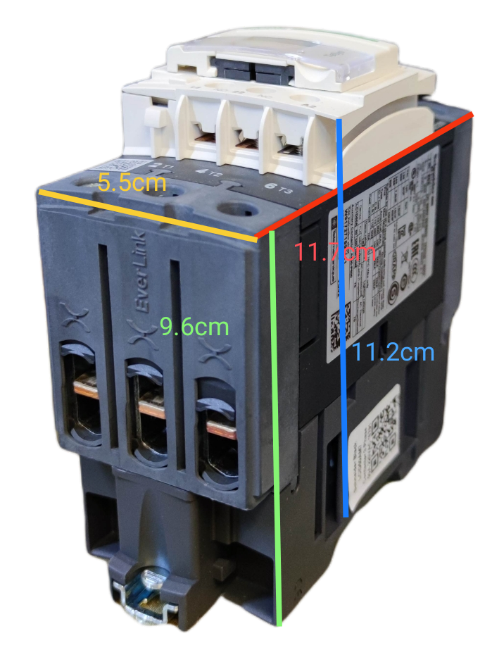 Schneider Magnetic Contactor 50A 220V with detailed measurements and black and white housing