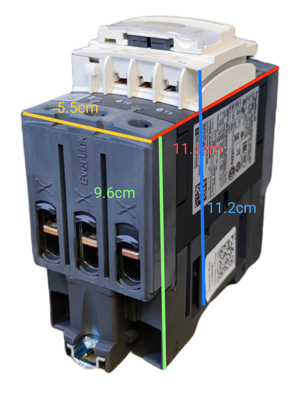 Schneider Magnetic Contactor 50A 220V with detailed measurements and black and white housing