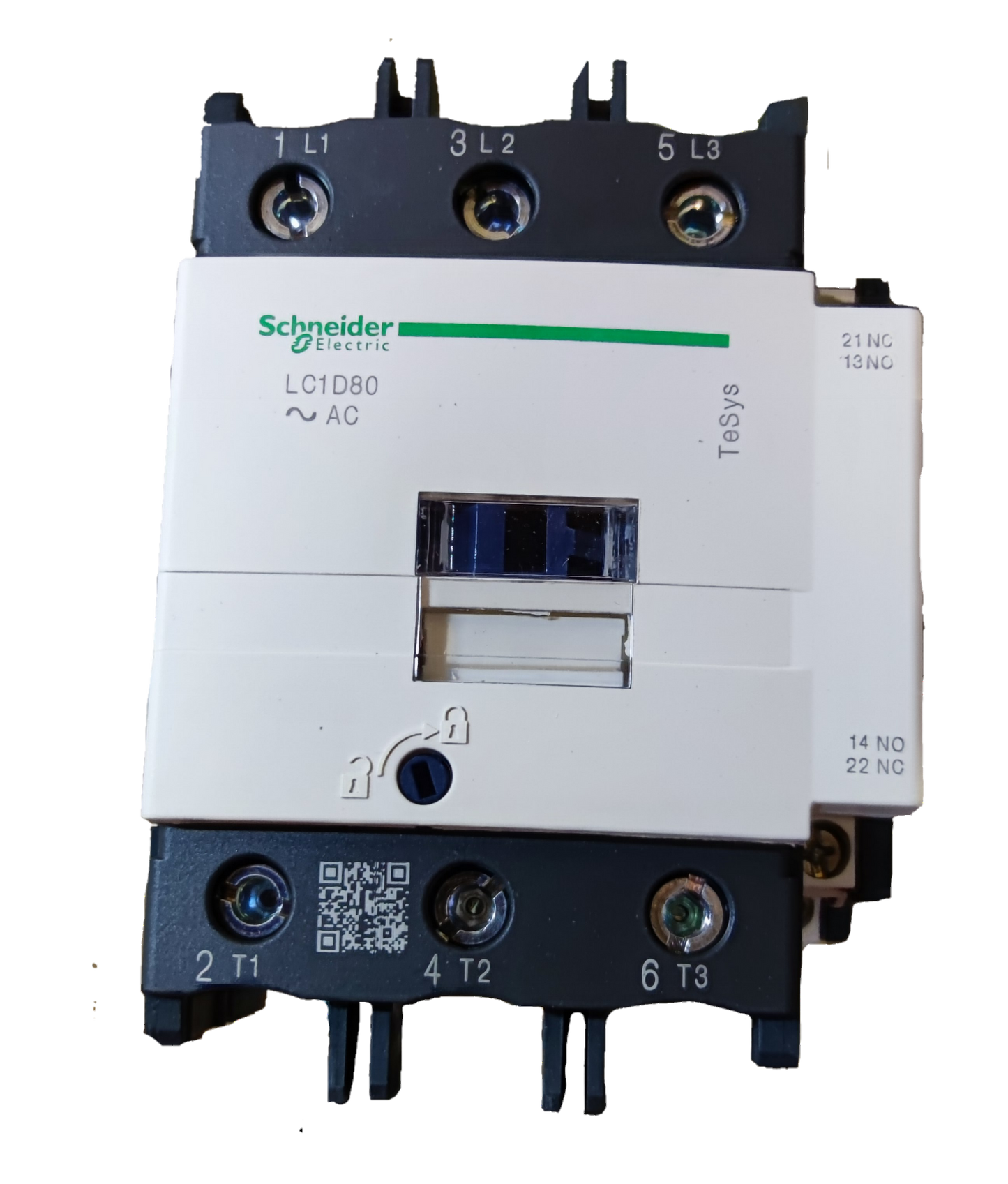 Schneider Magnetic Contactor 80A 220V Coil electrical component with labeled terminals and white casing