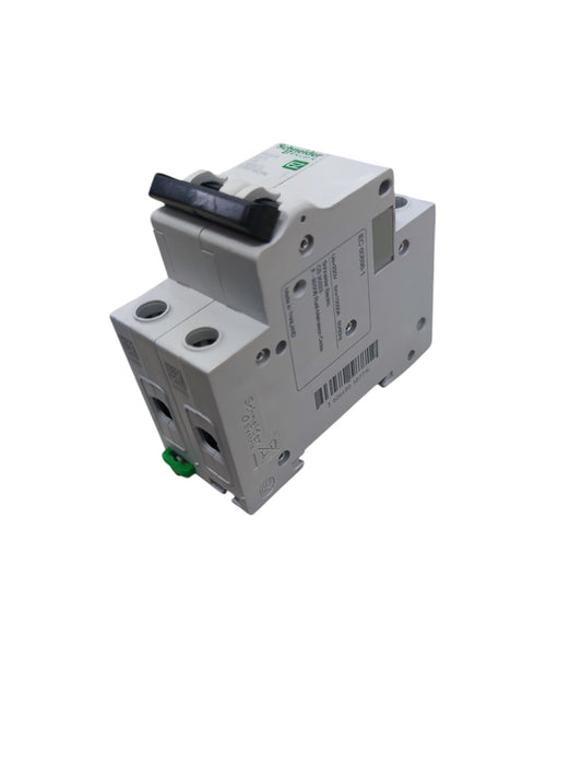Schneider Easy9 2 pole circuit breaker white 2P DIN rail MCB with black toggle and green test button