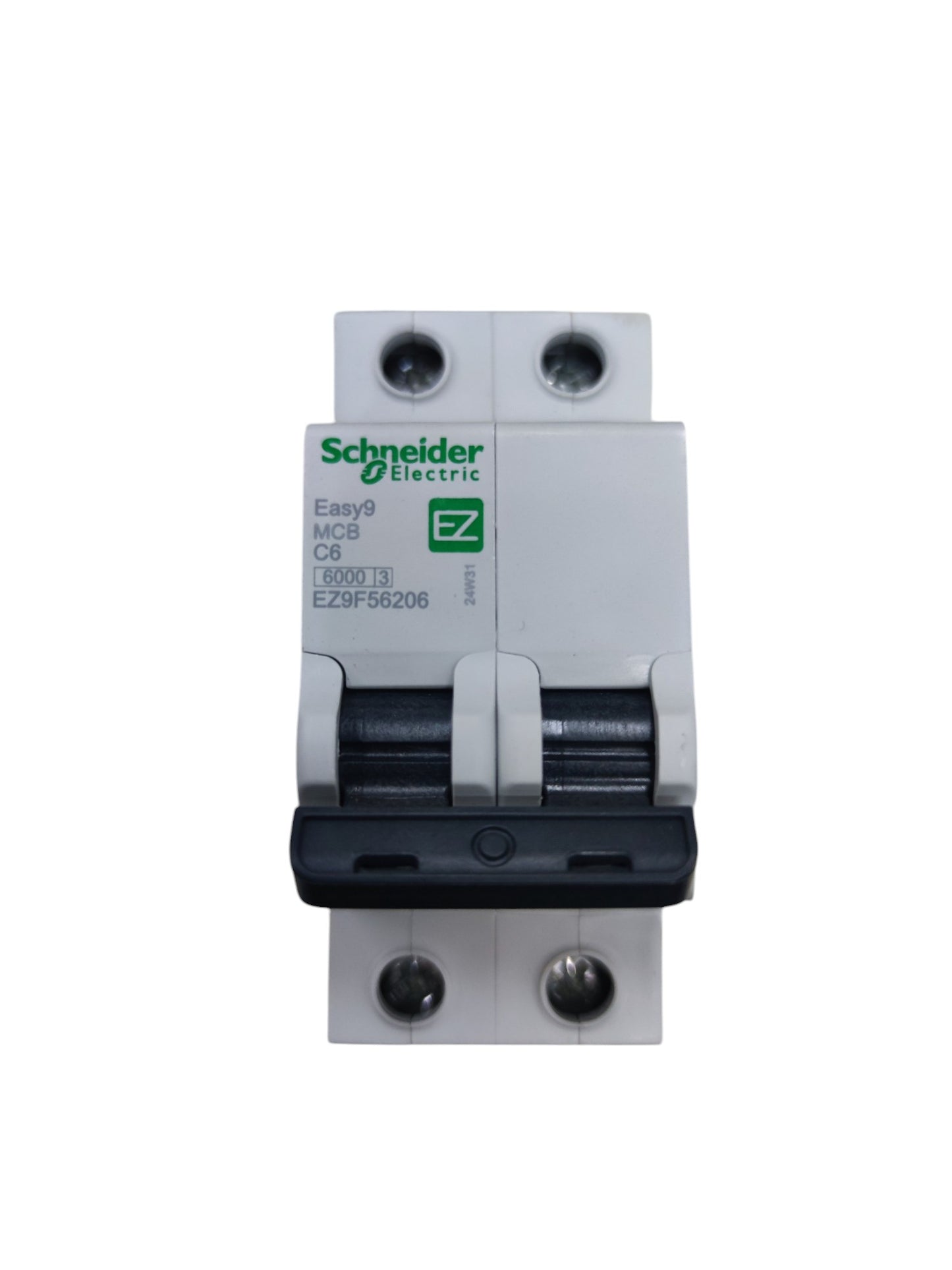 Schneider Easy9 2 pole circuit breaker white dual module with black twin toggle and green Schneider Electric logo
