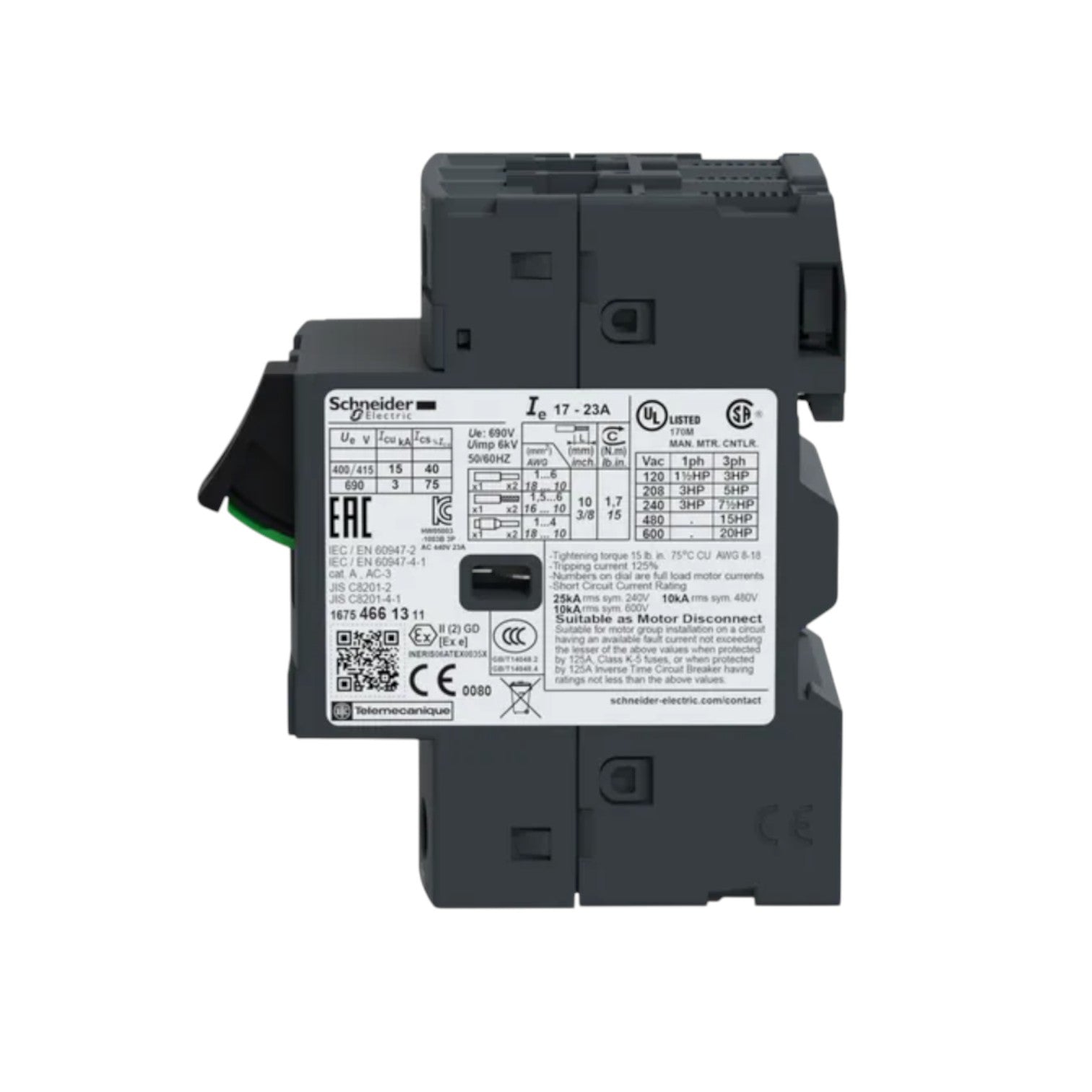 Schneider Motor Pretection Breaker 17A-23A 690V modular gray DIN rail motor protection relay with label