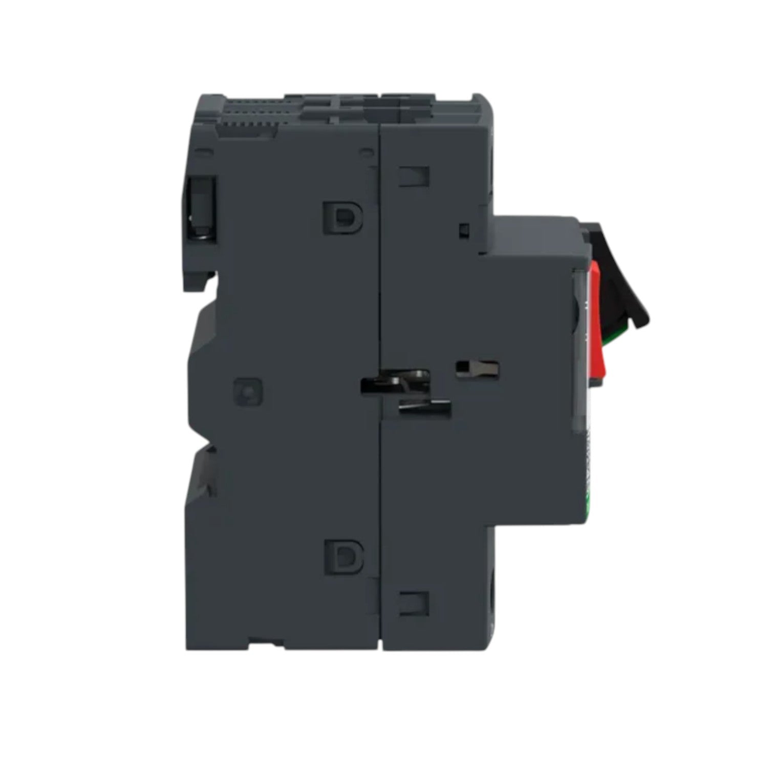 Schneider Motor Pretection Breaker 17A-23A 690V side view gray modular motor protection breaker with red green handle