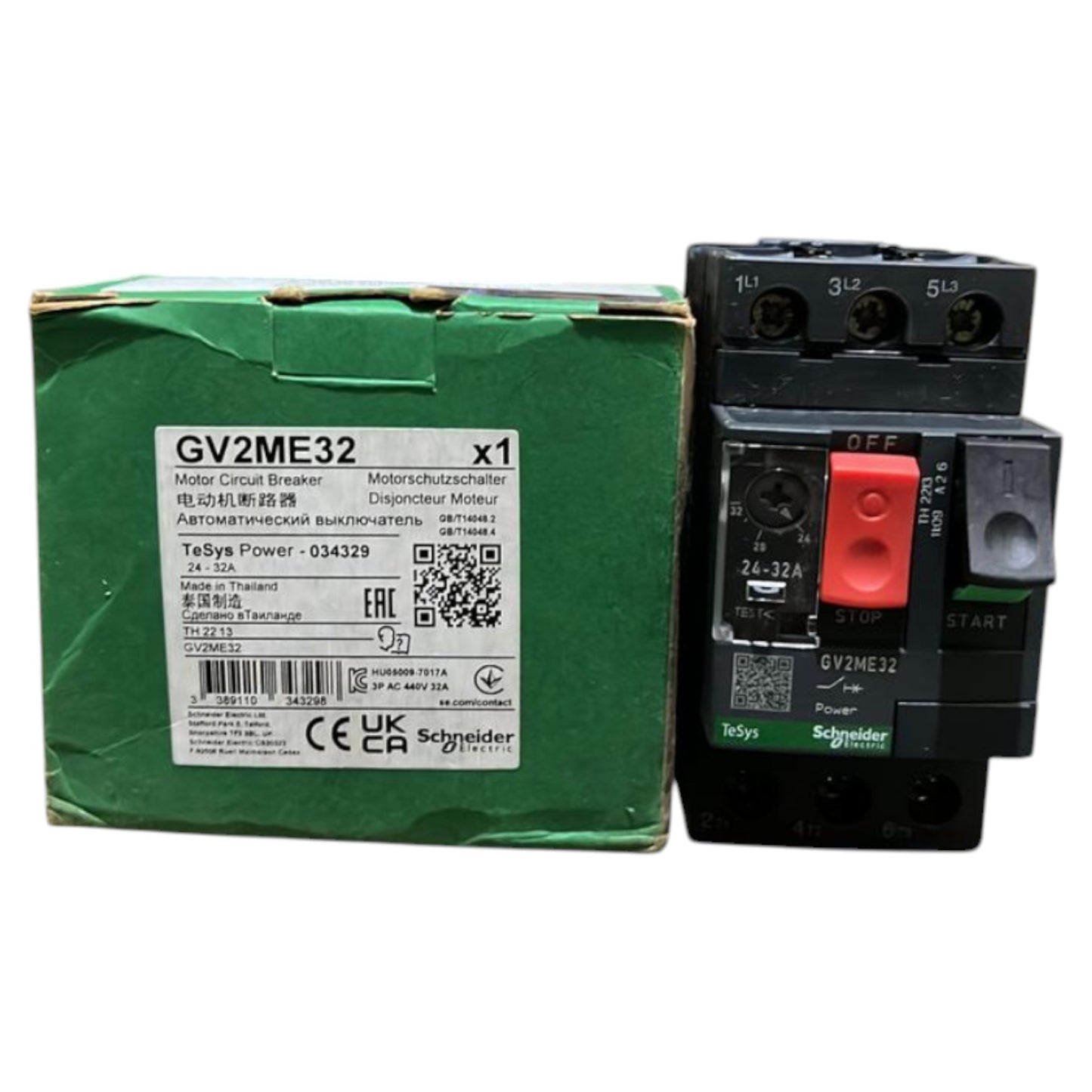 Schneider GV2ME32 motor circuit breaker with packaging label and red green controls Motor Protection Breaker 24A-32A 690V 3P