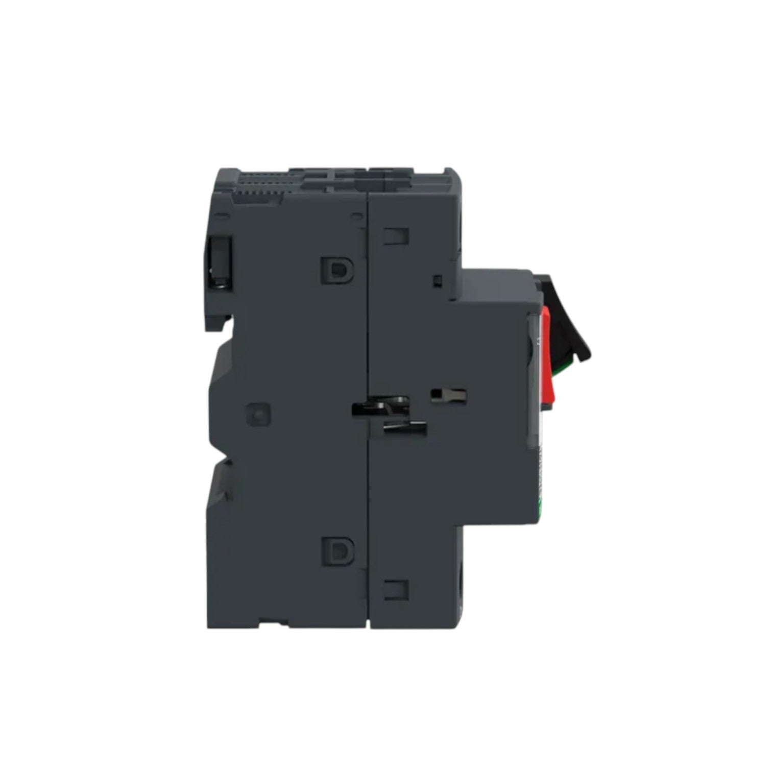 Side view of Schneider Motor Protection Breaker 24A-32A 690V 3P in dark gray with red green trip buttons for motor protection