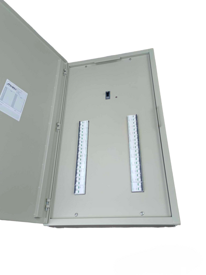 Schneider panel board with MCB in a gray metal enclosure with an open door showing circuit breaker slots