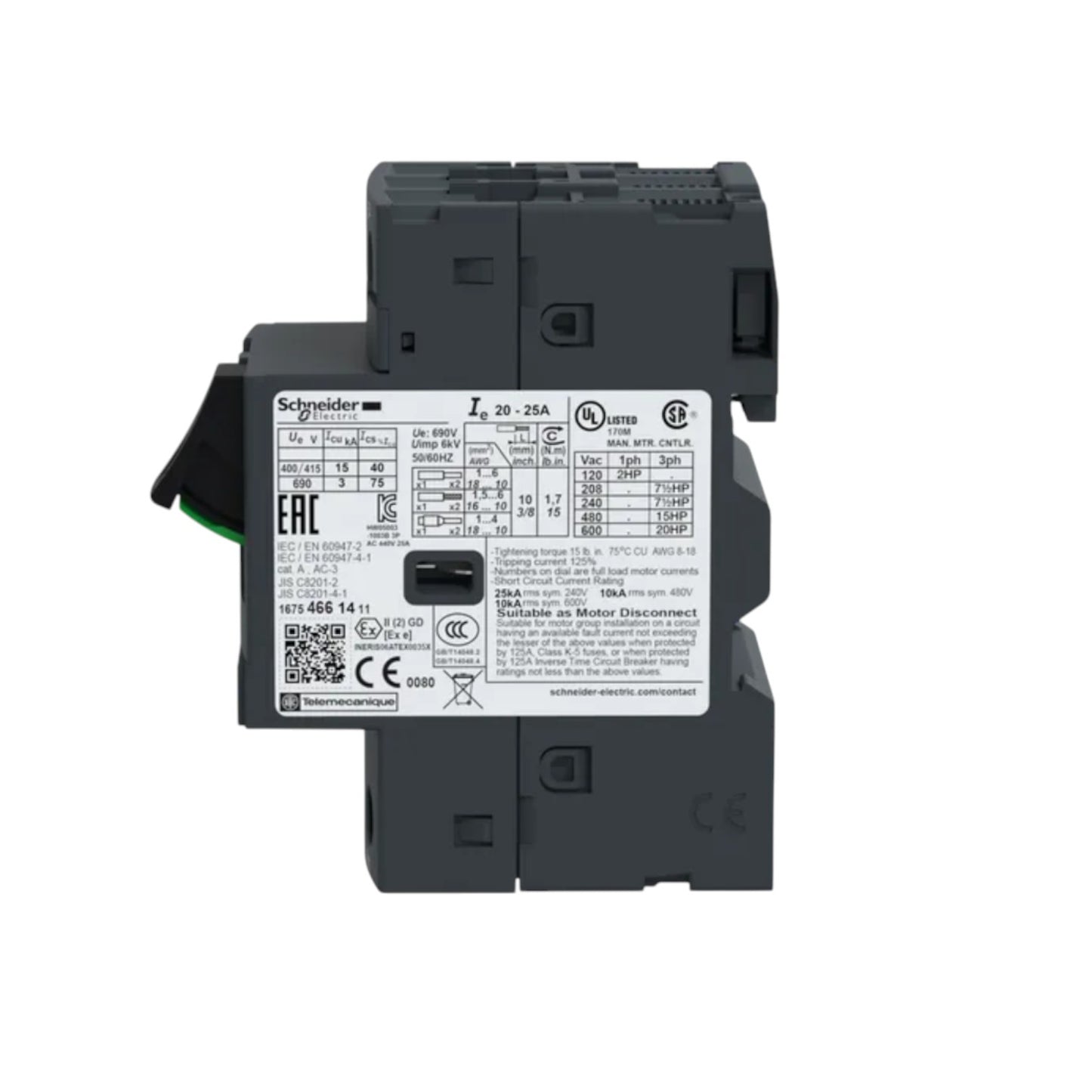 Schneider TeSys 3 Phase 20A-25A Max 690V gray three pole motor circuit breaker disconnect module
