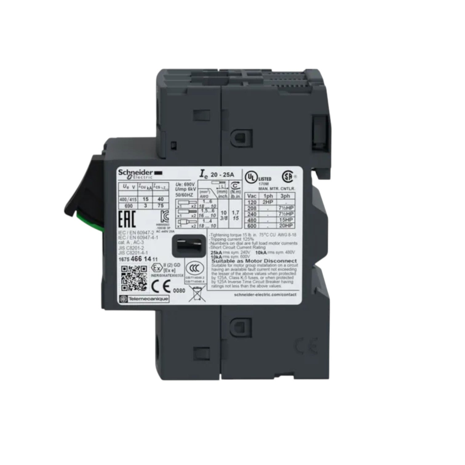 Schneider TeSys 3 Phase 20A-25A Max 690V gray three pole motor circuit breaker disconnect module