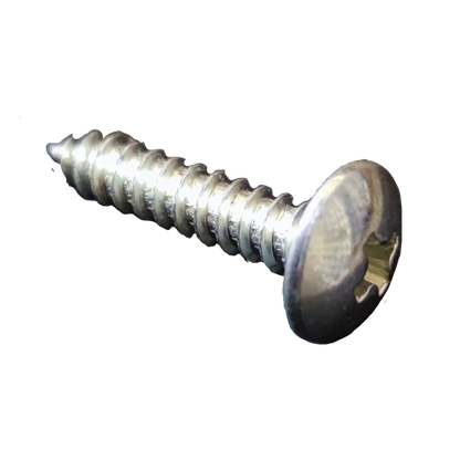 Close-up of a shiny silver 1x2 cm Phillips screw pack for hand tools and accessories