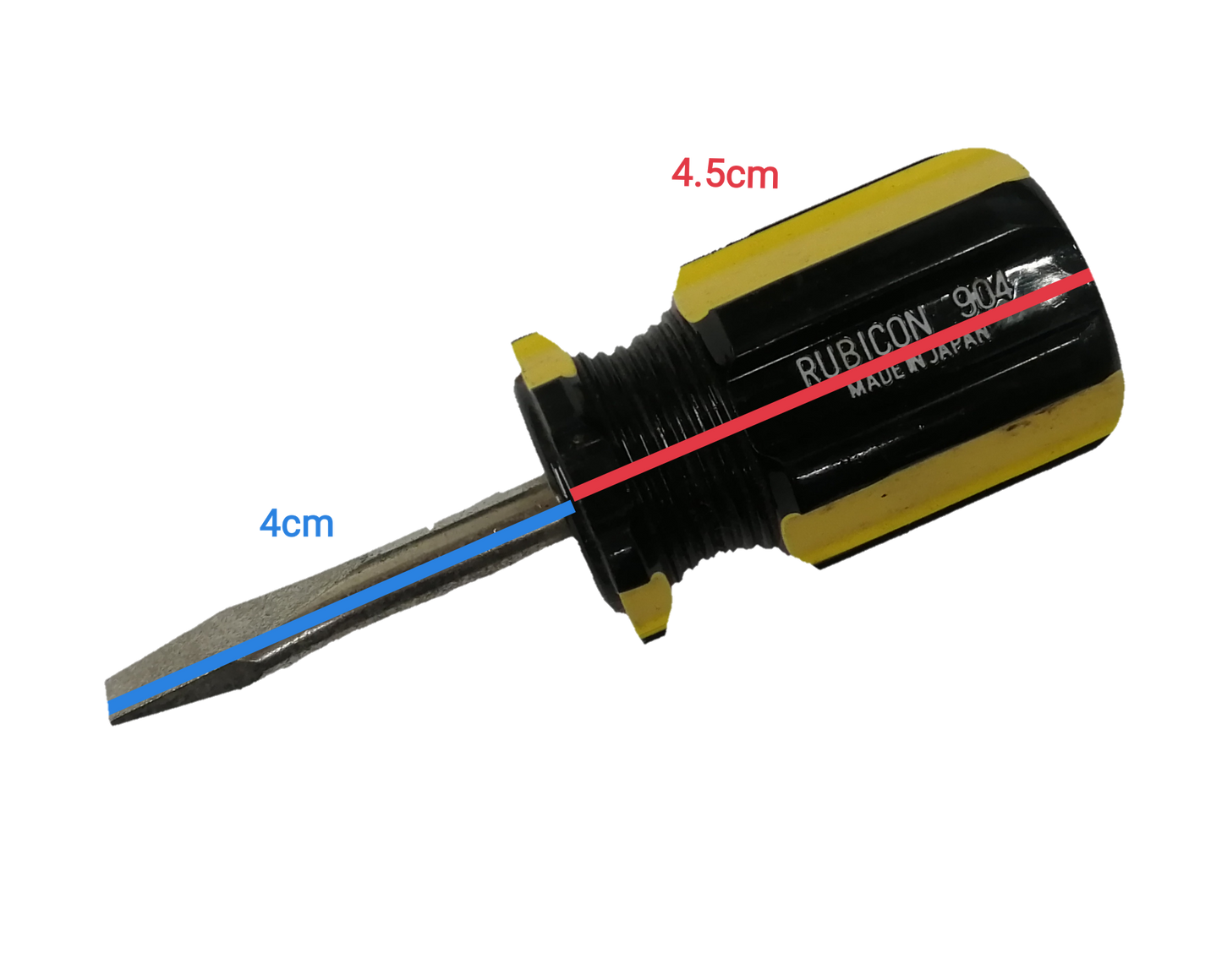 Rubicon Screw Driver Made in Japan with a black handle and yellow accents, measuring 4.5cm in length