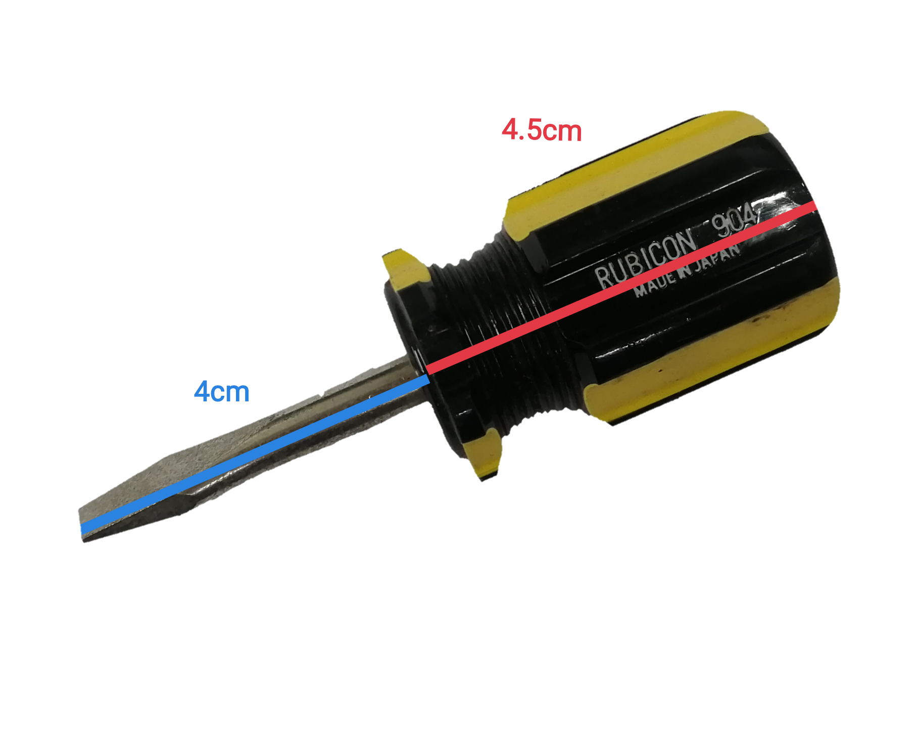 Rubicon Screw Driver Made in Japan with a black handle and yellow accents, measuring 4.5cm in length
