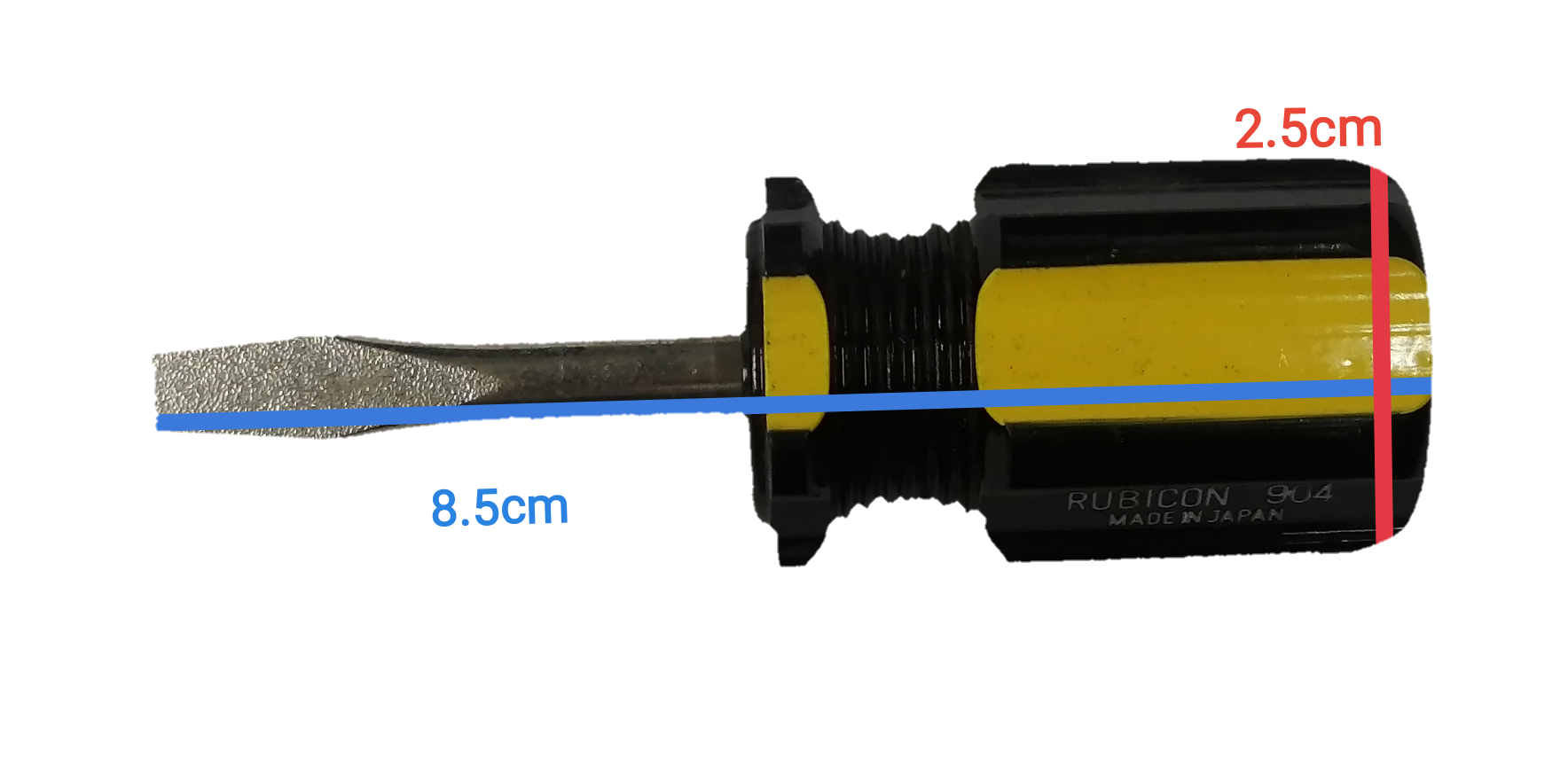 Screw Driver Made in Japan Rubicon with a yellow handle and a flat tip for precise fastening