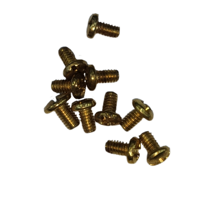 Set of small brass Screw Negative 10 x 8mm x 3mm screws on black background