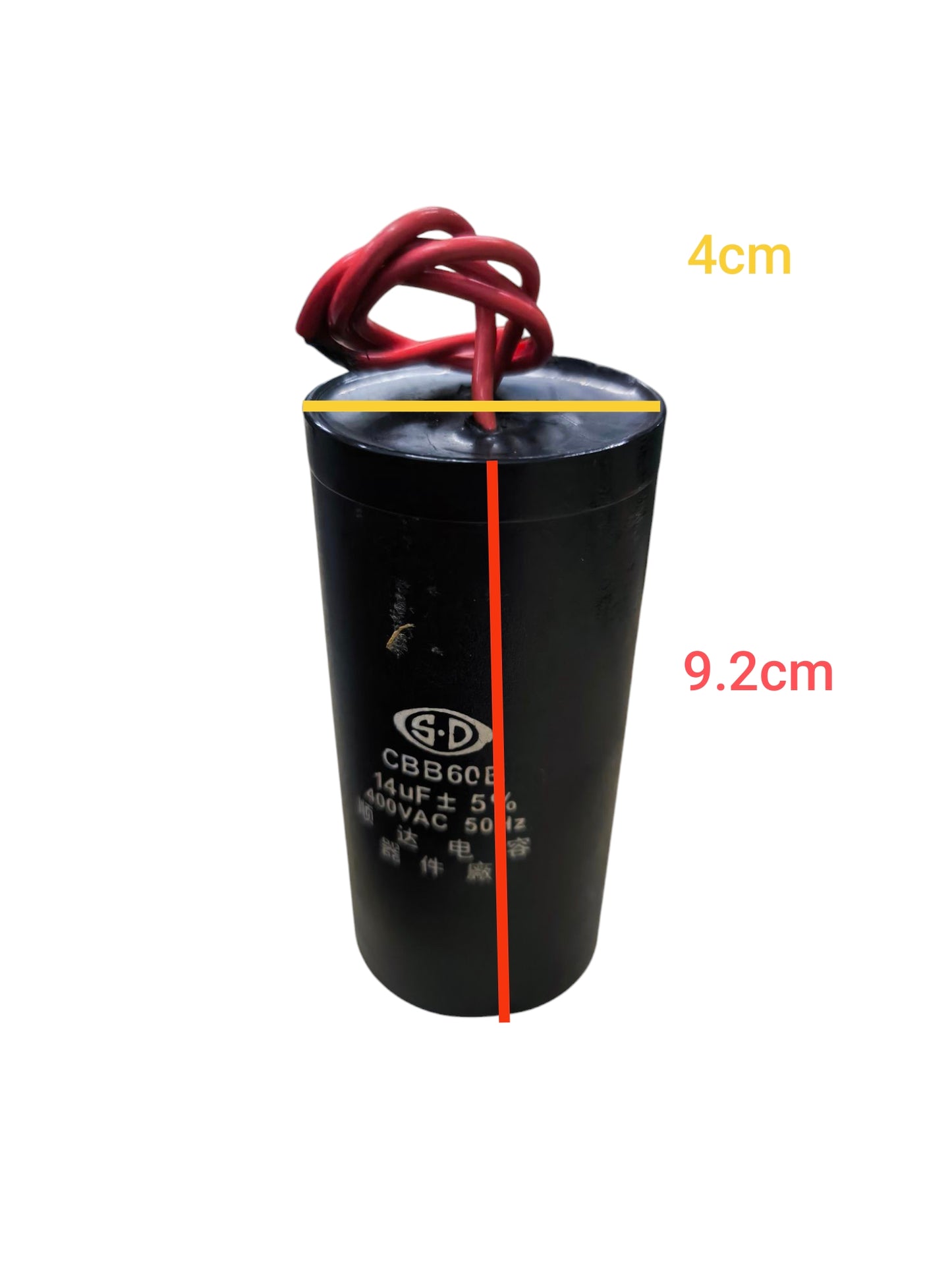 CBB 14uF 400V Capacitor black cylindrical electrical component with red wires and size markings