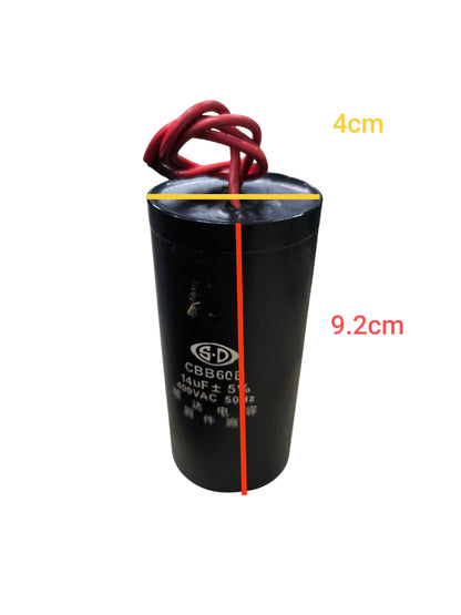 CBB 14uF 400V Capacitor black cylindrical electrical component with red wires and size markings
