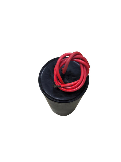 CBB 14uF 400V Capacitor with black cylindrical body and red electrical wires for circuitry
