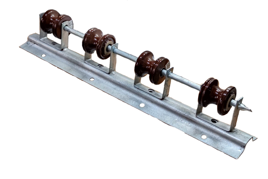 Electx Electrical Supply Secondary Rack 4 Wire cable management hardware with brown ceramic insulators on metal base