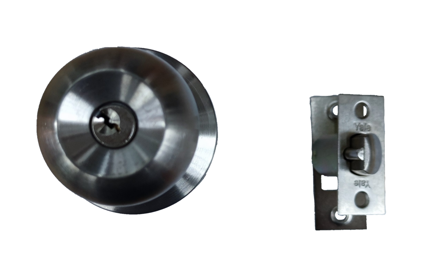 Yale stainless steel round door knob with latch assembly on black background Entrance Lockset Essential Series