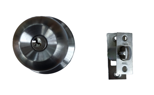 Yale stainless steel round door knob with latch assembly on black background Entrance Lockset Essential Series