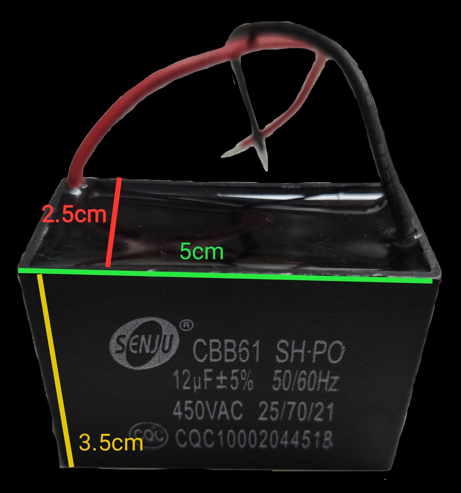 Motor Capacitor 12uF 450V AC black rectangular electrical part with red and black wires