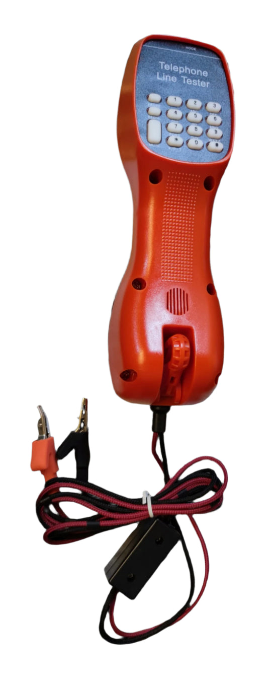 Senter Telephone Line Teste orange handheld telephone line tester with keypad and alligator clip leads