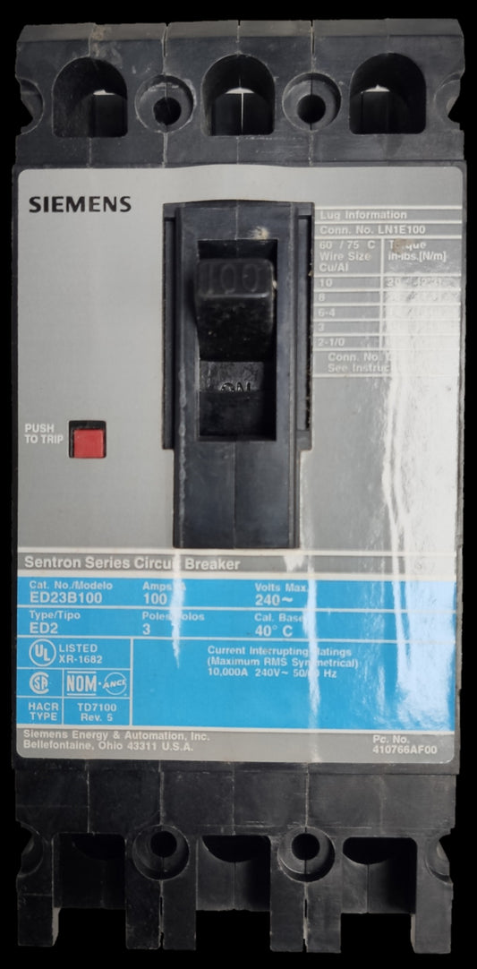 Siemens 100A Circuit Breaker Industrial Type with black switch and detailed label for electrical systems