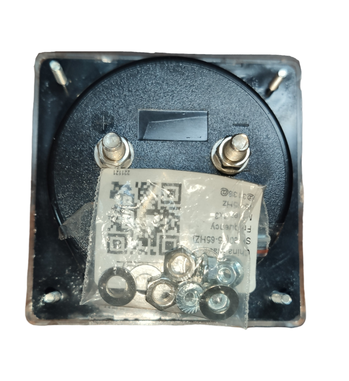 Back view of 3x3 Hz Meter 220V Panel Meter showing terminals and mounting hardware against black background