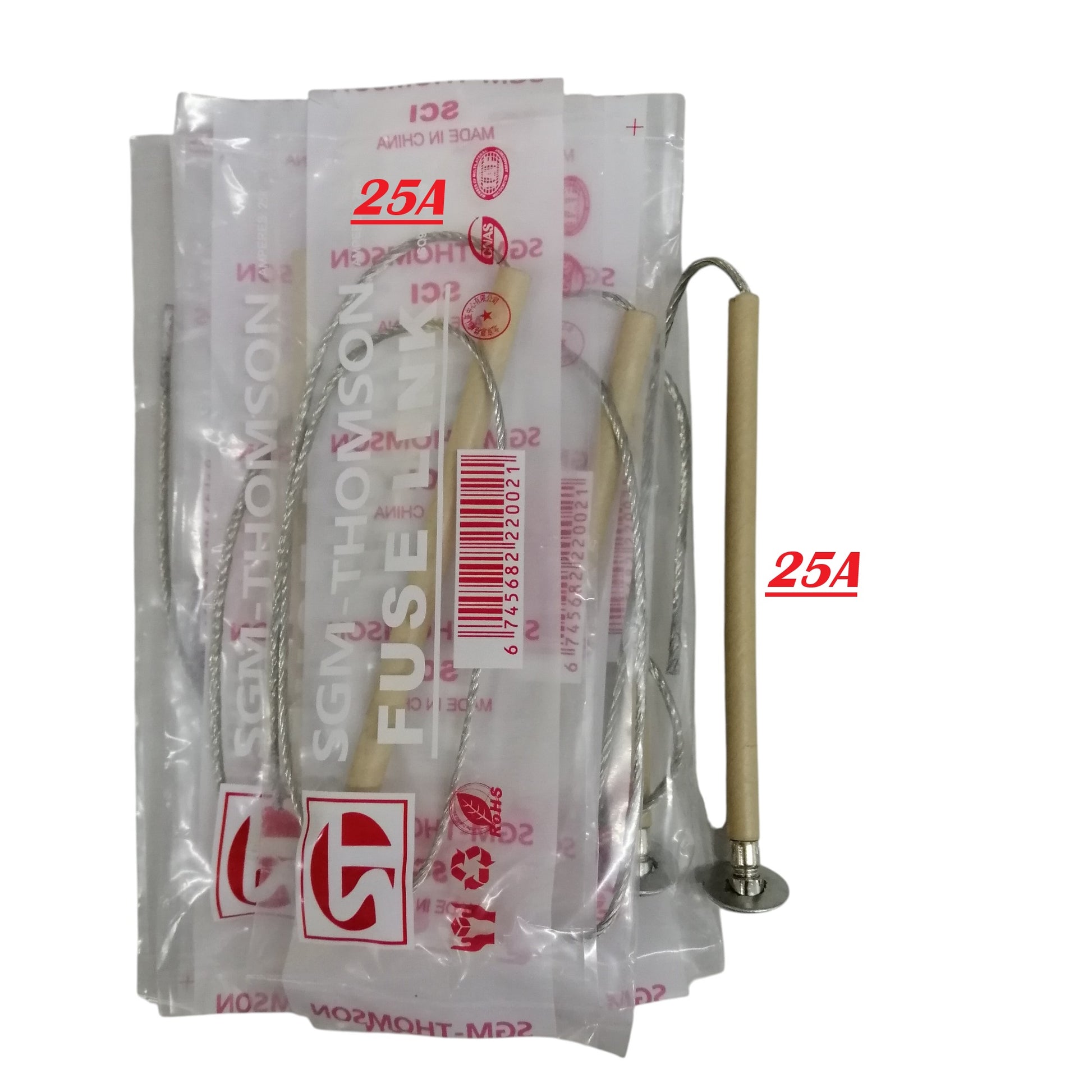 SGM Thomson Type K Fuse Link 25A ceramic tube fuse with braided wire leads and mounting flange in plastic packaging