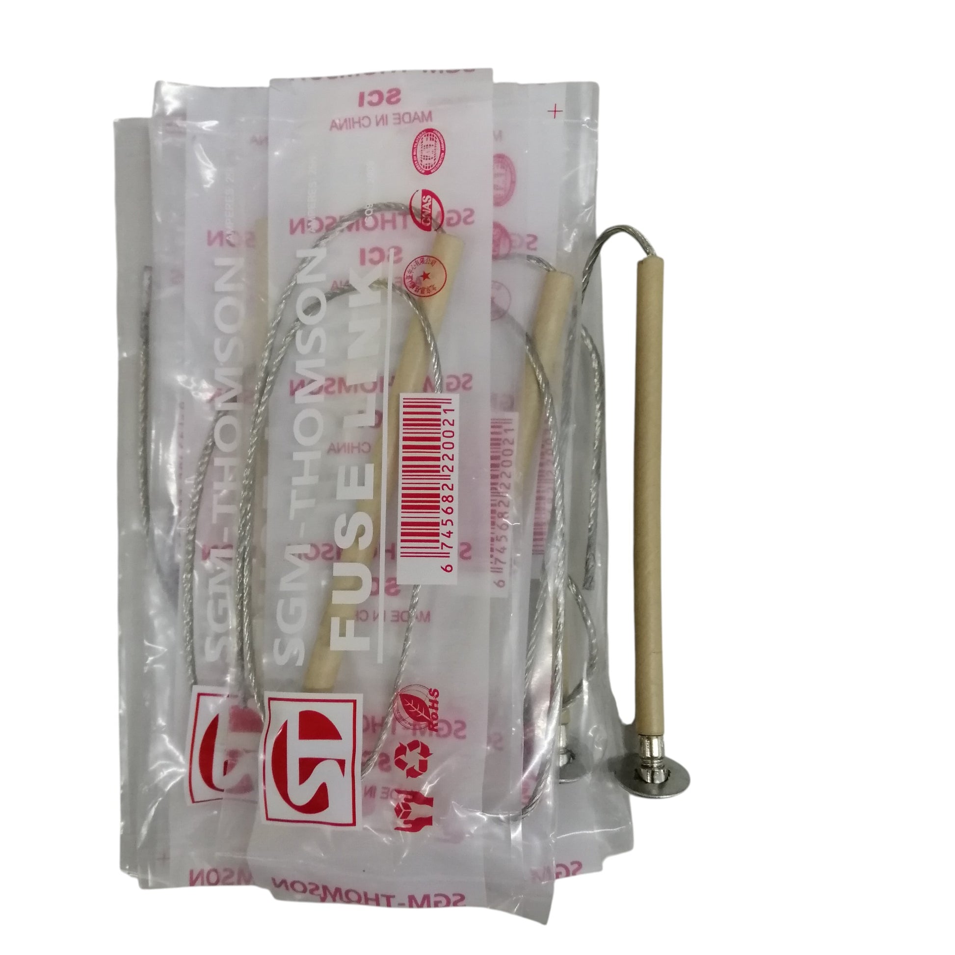 SGM Thomson Type K Fuse Link 25A ceramic tube fuse link with braided wire leads and mounting flange in package