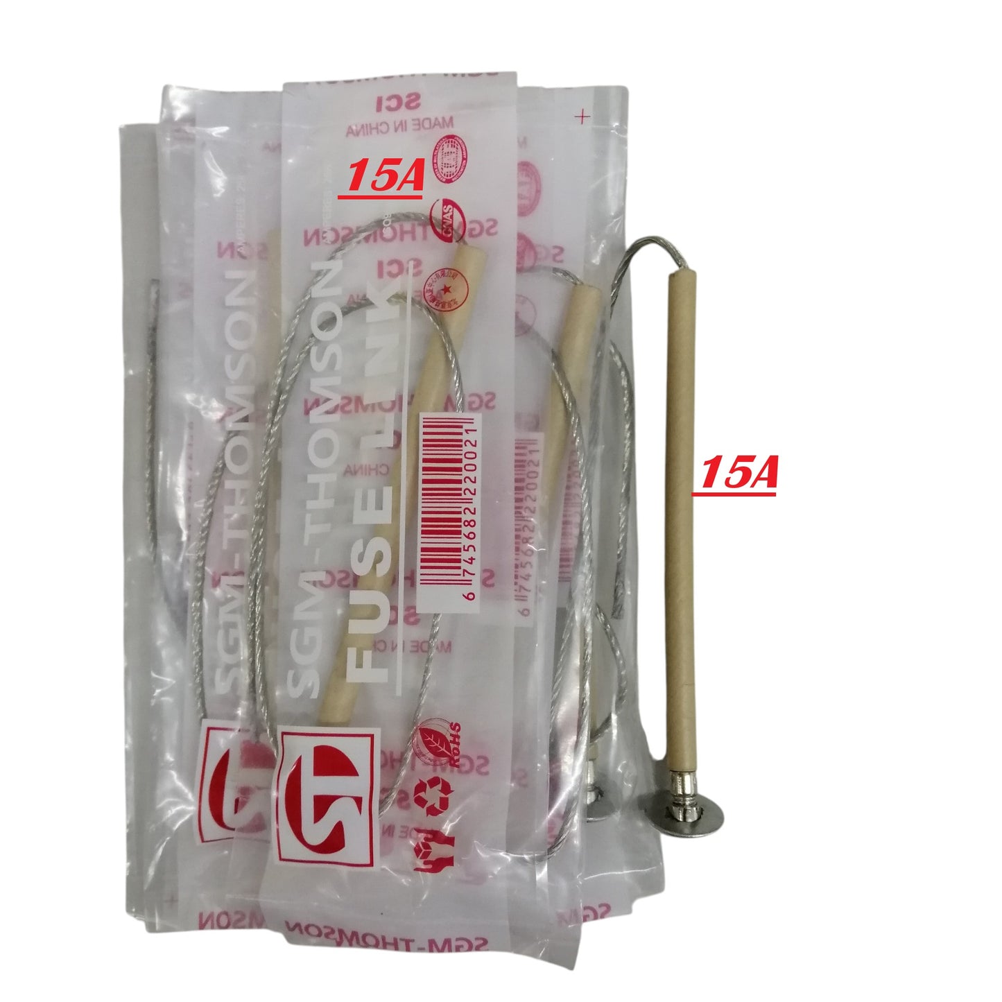 SGM Thomson type K fuse link 15A ceramic cartridge with braided lead wires and mounting flange in clear packaging