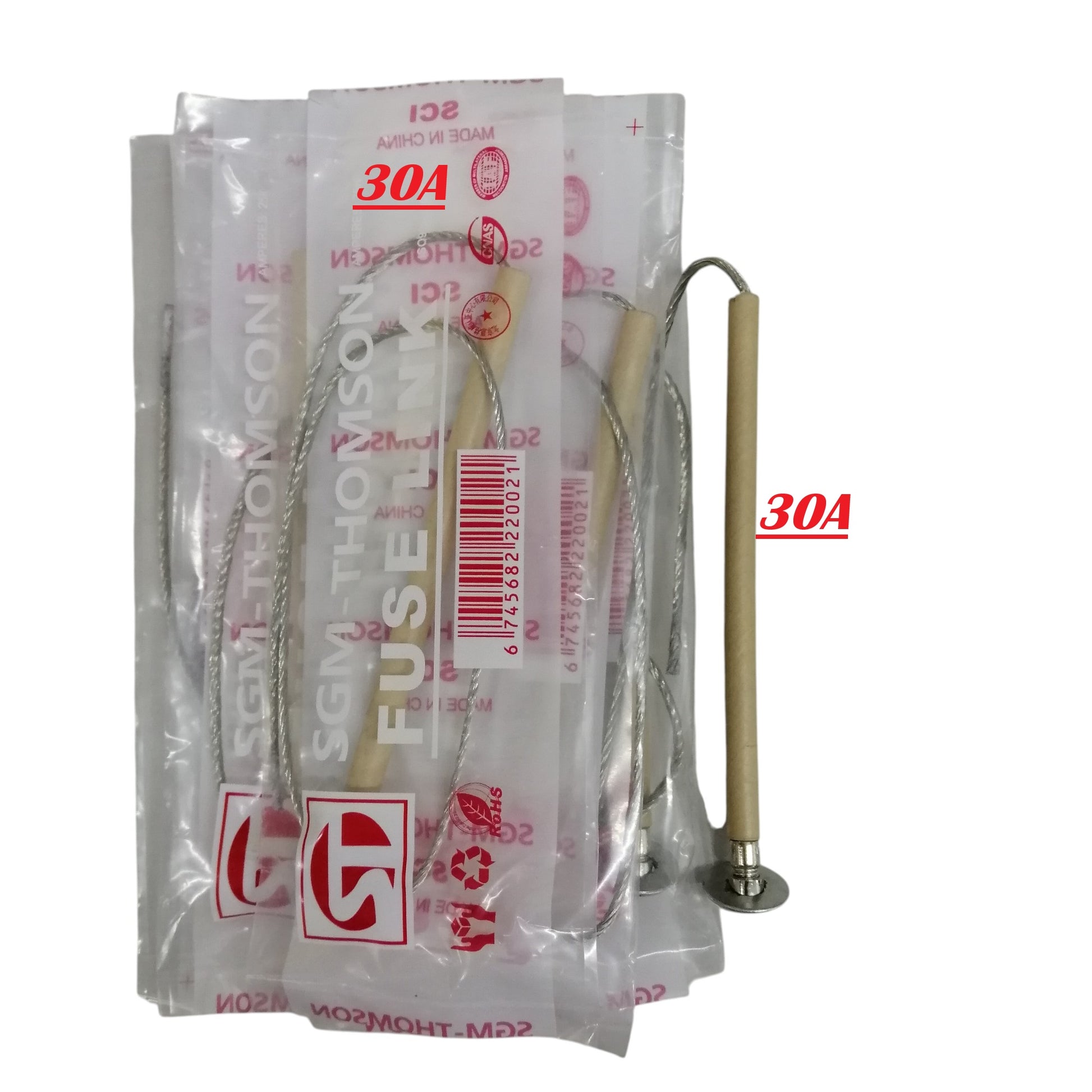 SGM Thomson Type K fuse link 30A ceramic body with braided wire lead and mounting flange in sealed packs