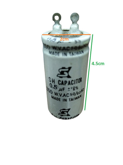 350V AC Motor Running Capacitor in white with specifications and dimensions visible