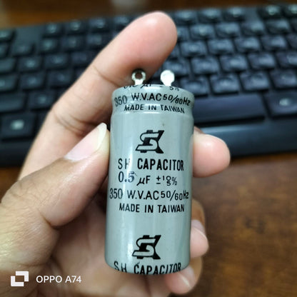 350V AC Motor Running Capacitor made in Taiwan, 0.5 uF with ±1% tolerance for efficient motor performance