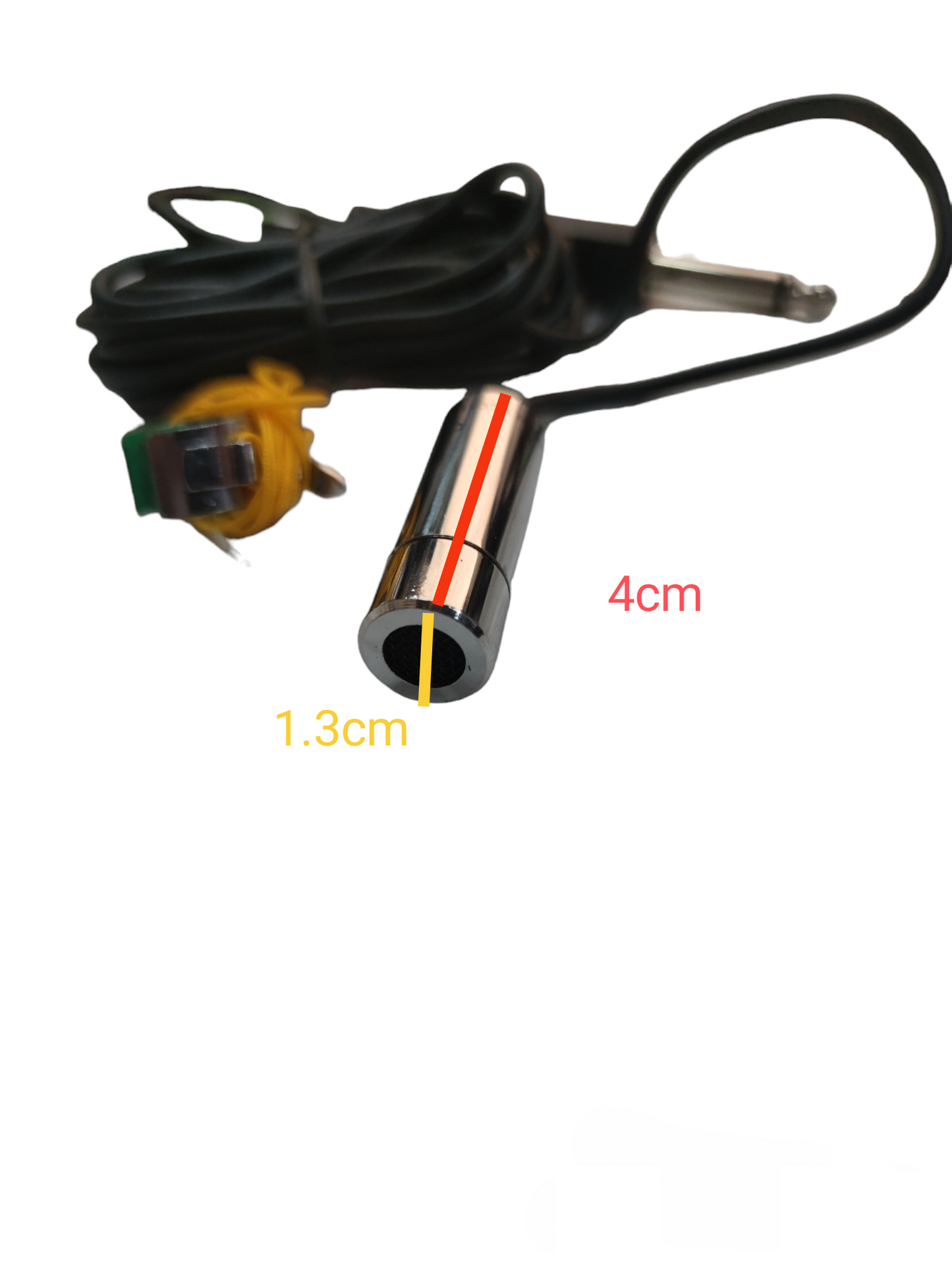 Sherman Lapel Microphone with metal capsule and long black cable measuring 4cm by 1.3cm