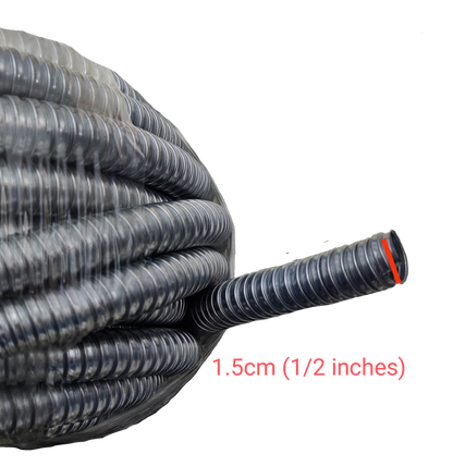 Shieldcon 15mm Metal Flexible Hose coiled with visible corrugated texture for electrical conduit