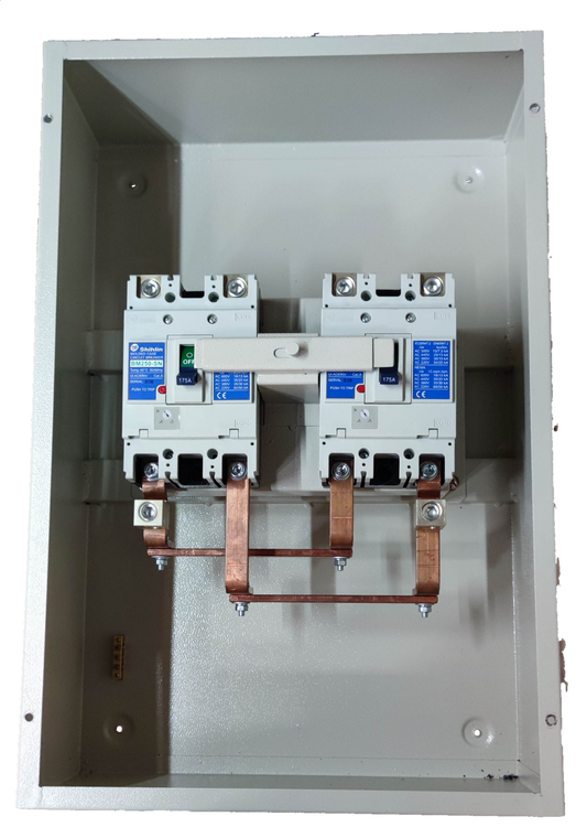 Shihlin 175A MTS 2 Pole Single Pole electrical circuit breaker mounted in enclosure with copper bus bars