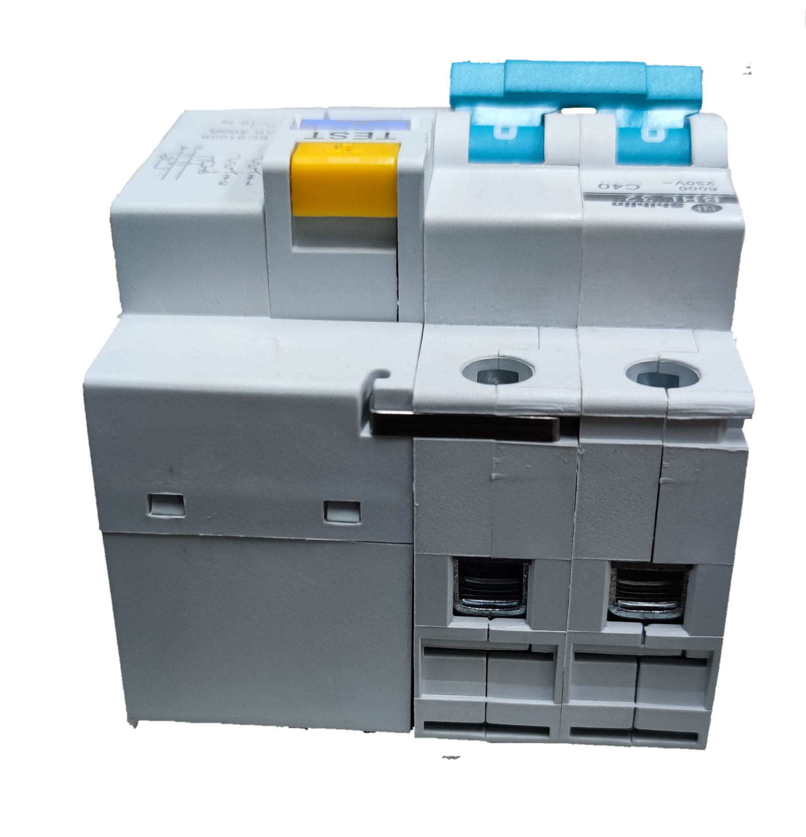 Shihlin 40A Residual Circuit Breaker with yellow and blue toggle switches for electrical safety