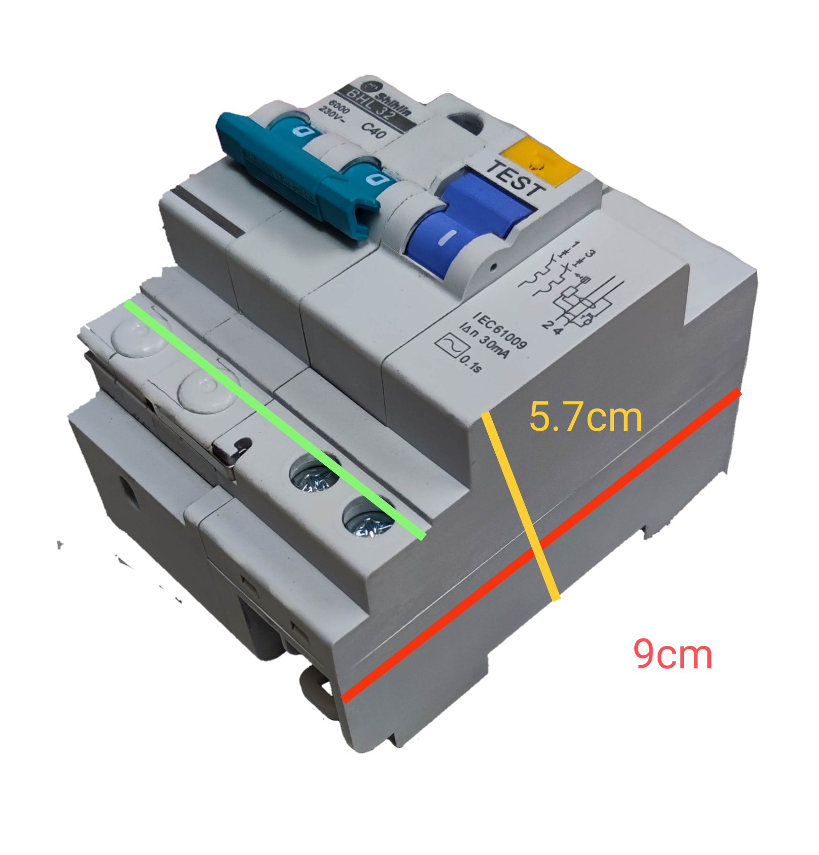Shihlin 40A Residual Circuit Breaker with test button and labeled specifications