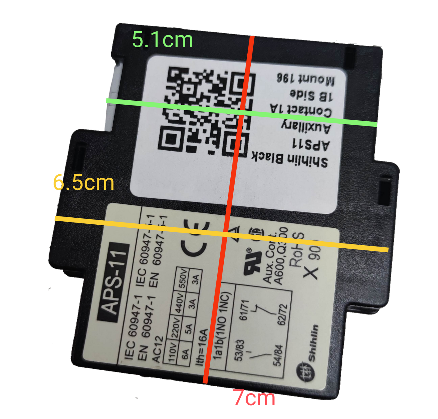 Shihlin Auxiliary Contact 1NO-1NC electrical component with labeled dimensions 7cm by 6.5cm and 5.1cm